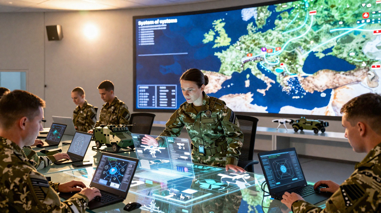 Militares em uniforme a analisar dados digitais e mapas de estratégia numa sala de operações moderna.