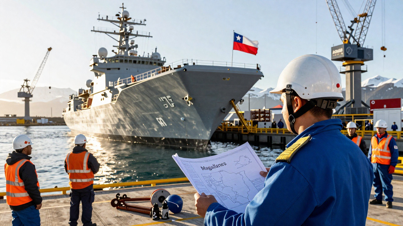 Marinheiros com capacetes observam navio militar chileno atracado em porto com montanhas ao fundo.