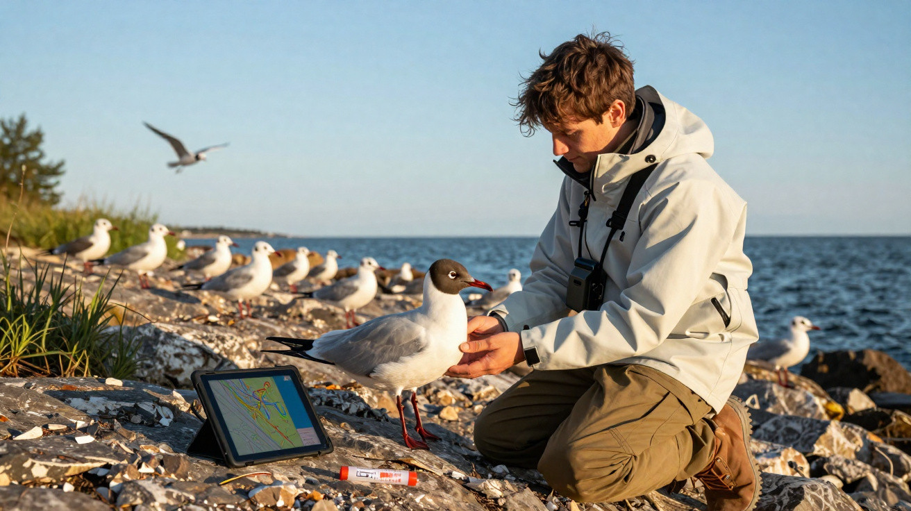 Homem a observar gaivota num rochedo junto ao mar com tablet e caneta ao lado.