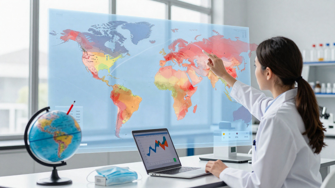 Mulher cientista em laboratório aponta para mapa-múndi digital com gráficos num laptop e globo terrestre na mesa.