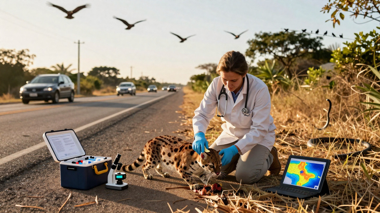 Veterinária examina serval atropelado na berma de estrada com equipamento científico e carro ao fundo.