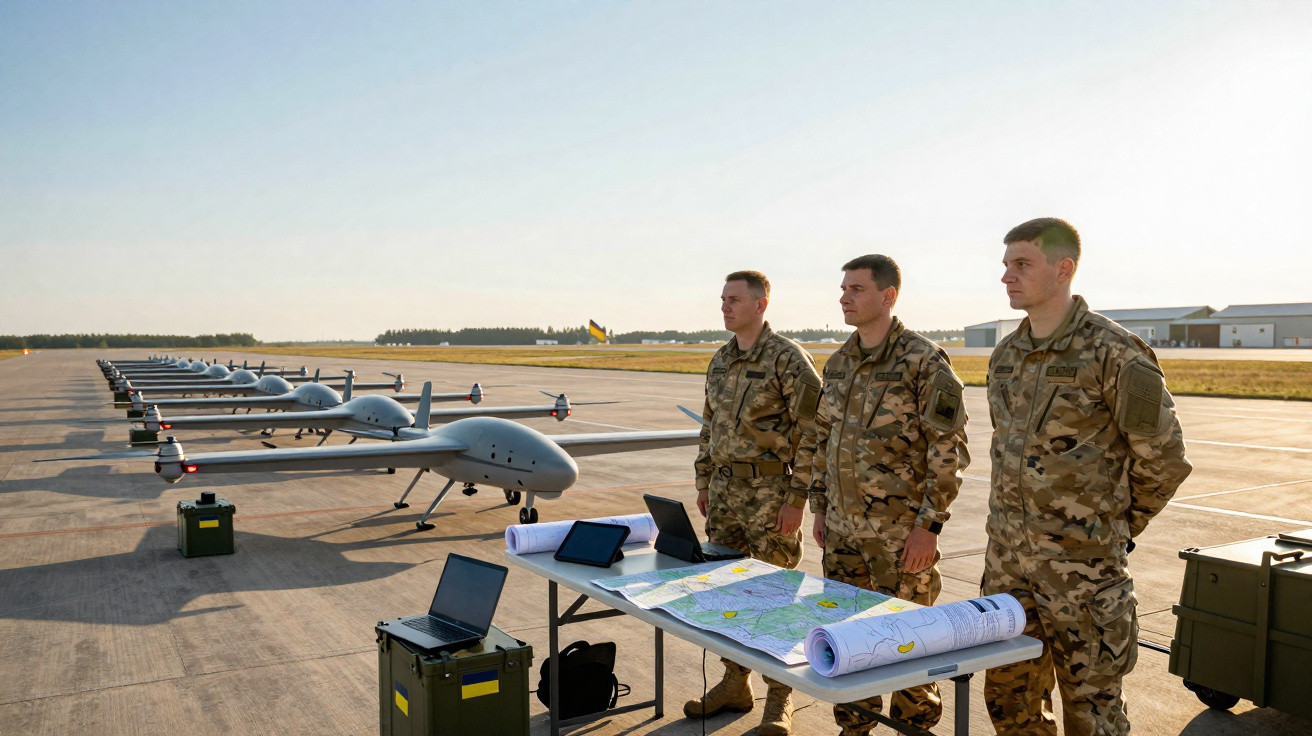 Três soldados em uniforme camuflado junto a mesa com mapas e laptops, com vários drones alinhados numa pista.