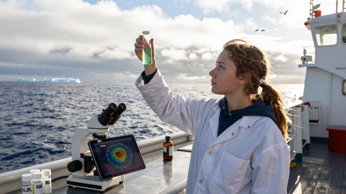 Cientista a analisar amostra líquida numa garrafa no convés de um barco em mar aberto, ao lado de microscópio.