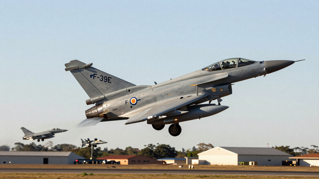 Caça F-39E a descolar de pista com hangar e outros aviões ao fundo em dia claro.