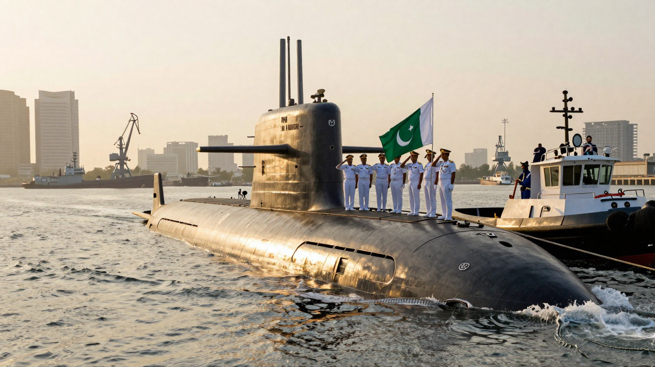 Submarino naval com tripulação em uniforme branco e bandeira do Paquistão, na entrada de porto urbano ao pôr do sol.