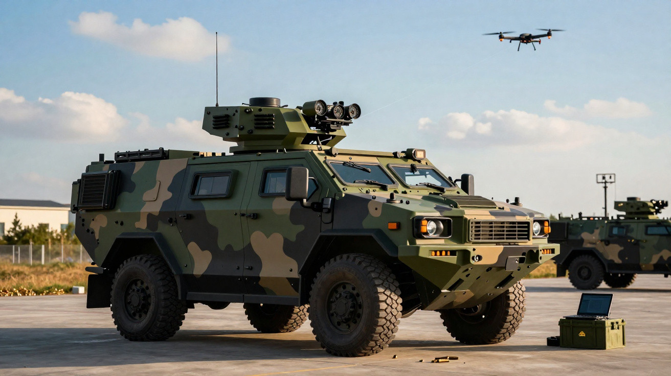 Veículo militar blindado camuflado estacionado ao ar livre com drone voando e portátil ligado no chão.