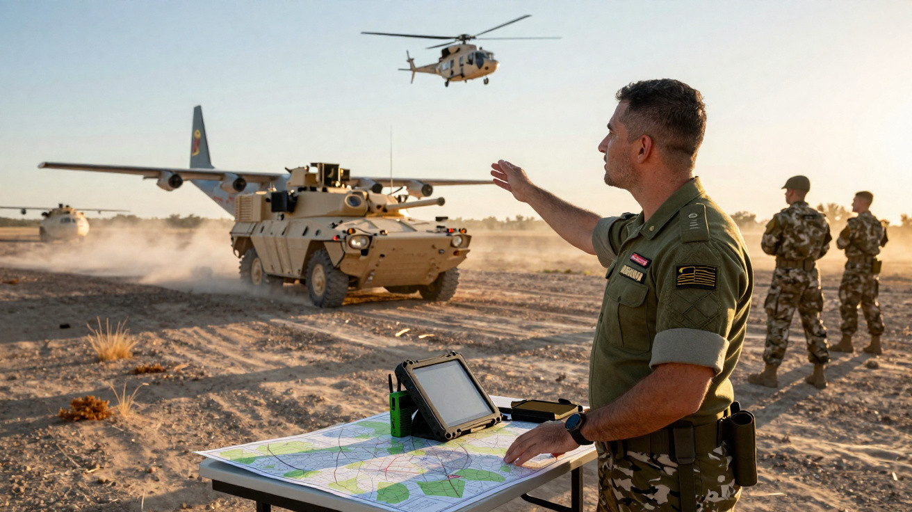 Militar português coordena operações com tanque, helicóptero, mapa e soldados em campo árido ao pôr do sol.