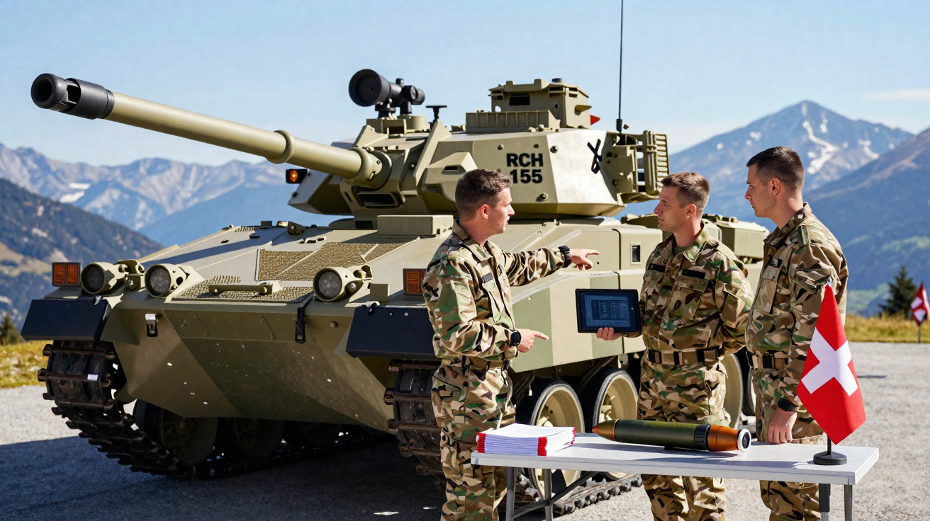 Três soldados em uniforme militar discutem perto de um tanque de guerra com montanhas ao fundo.
