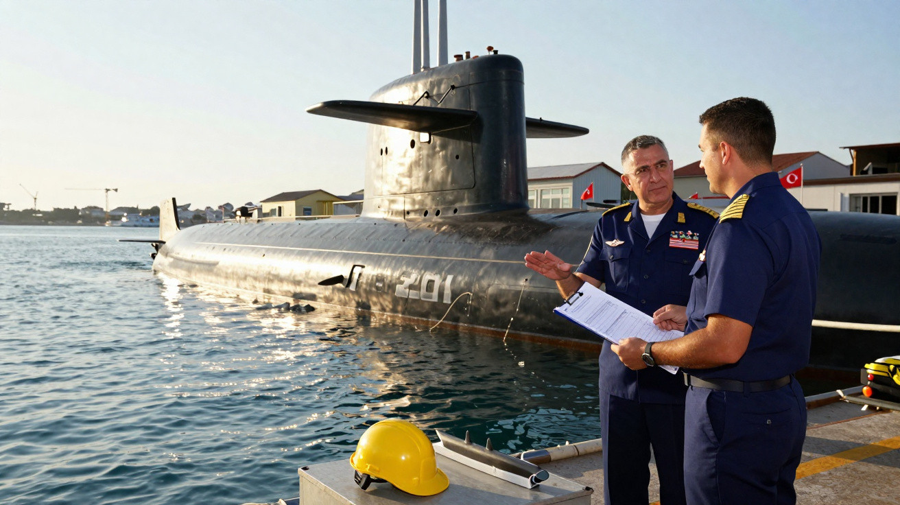 Dois militares em uniforme azul conversam ao lado de um submarino atracado no porto ao amanhecer.