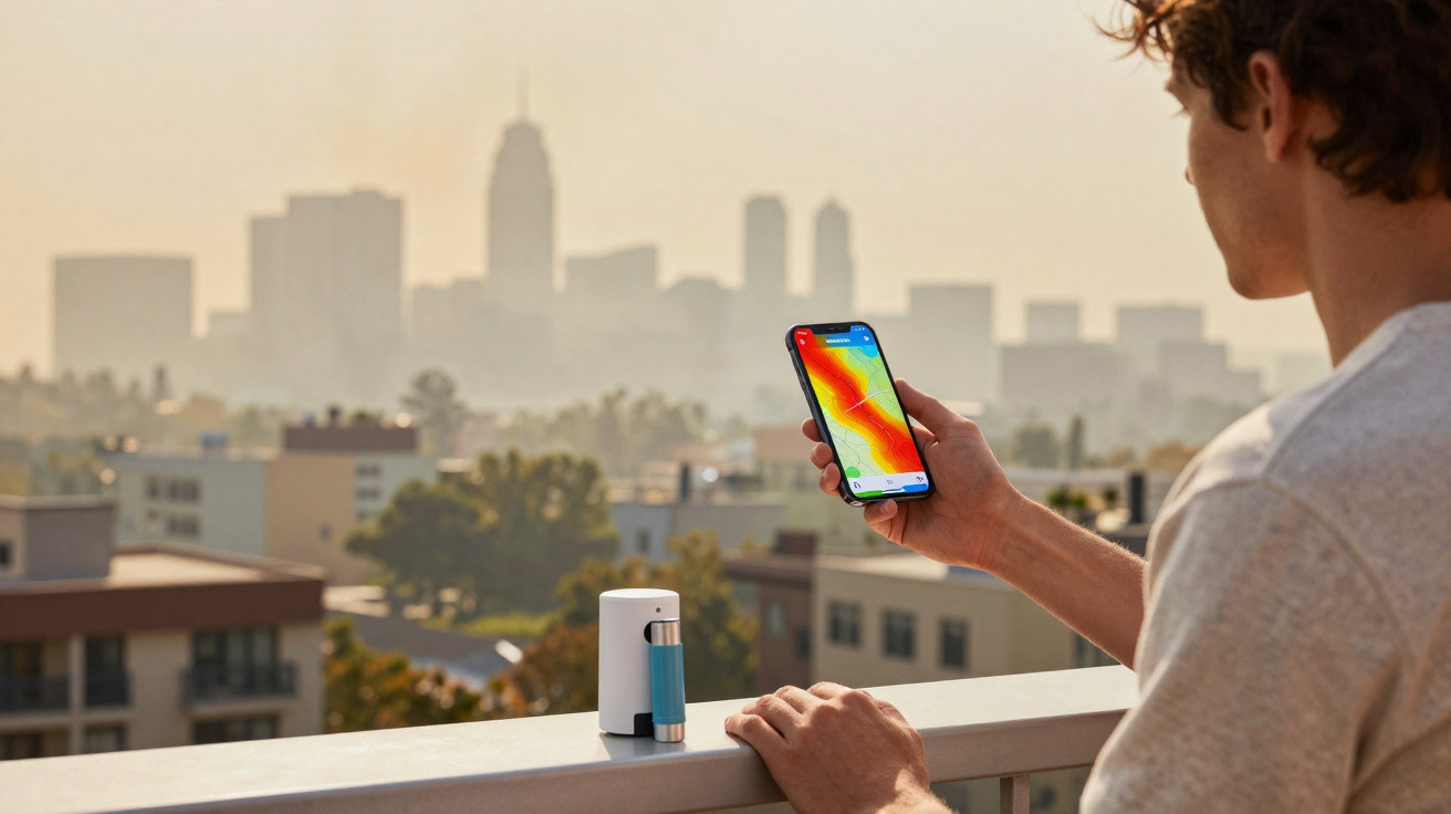 Pessoa a consultar aplicação de mapa térmico num smartphone, com inalador e horizonte de cidade desfocado ao fundo.