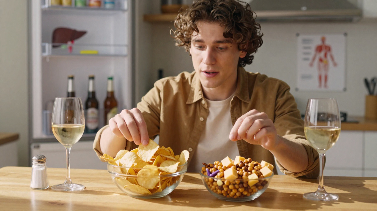 Homem sentado à mesa com copos de vinho e tigelas de snacks, incluindo batatas fritas e frutos secos.