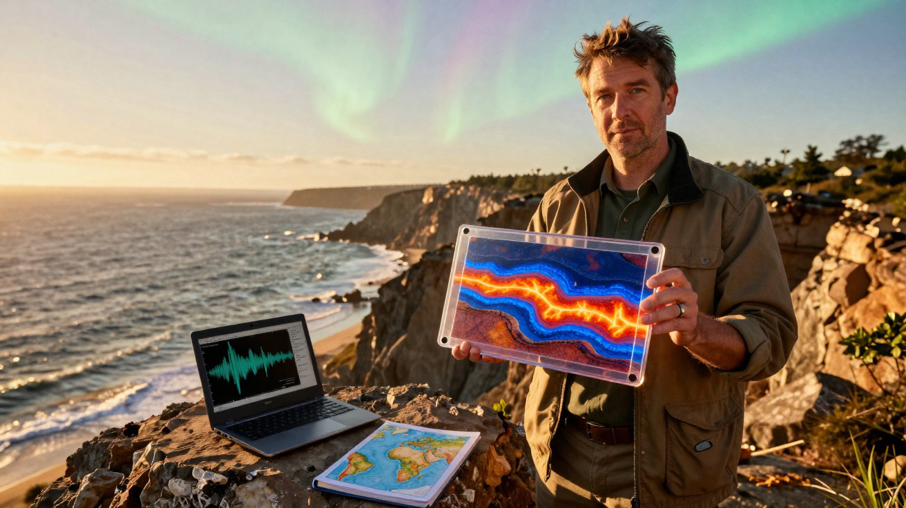 Homem na costa com mapa, portátil e imagem de atividade sísmica ao pôr do sol.