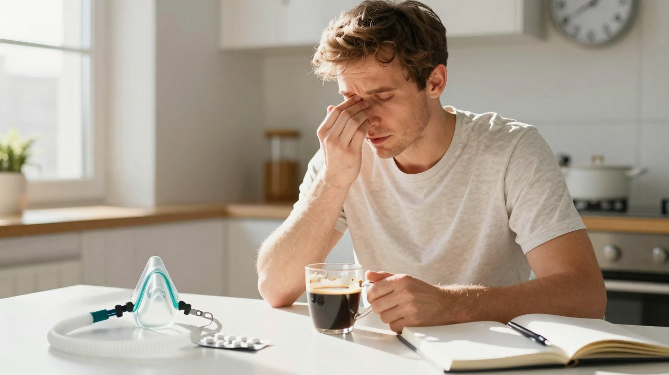Homem com expressão de cansaço segura a testa, sentado à mesa com café, inalador e comprimidos numa cozinha iluminada.