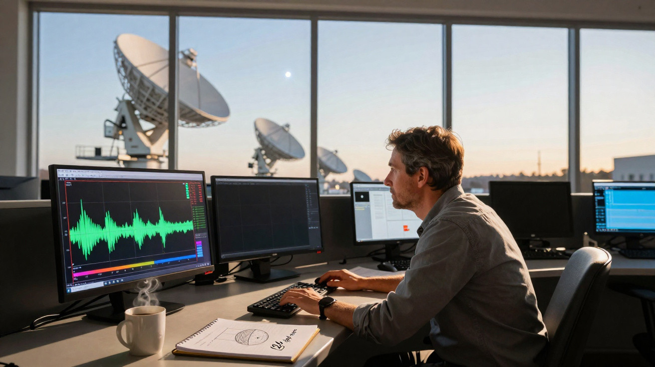 Homem a trabalhar numa estação com vários ecrãs e antenas parabólicas visíveis através da janela ao pôr do sol.