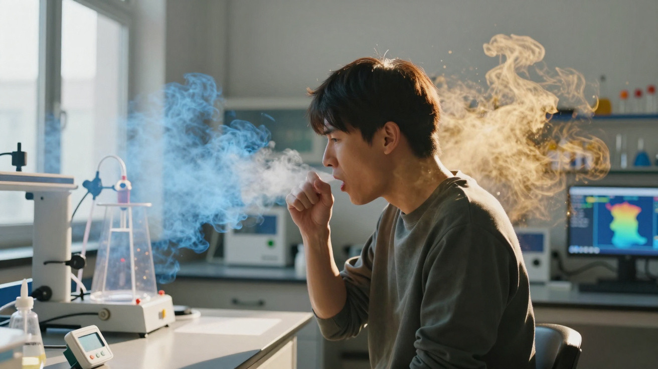 Homem num laboratório científico expira vapor azul e amarelo enquanto tosse sentado à secretária.