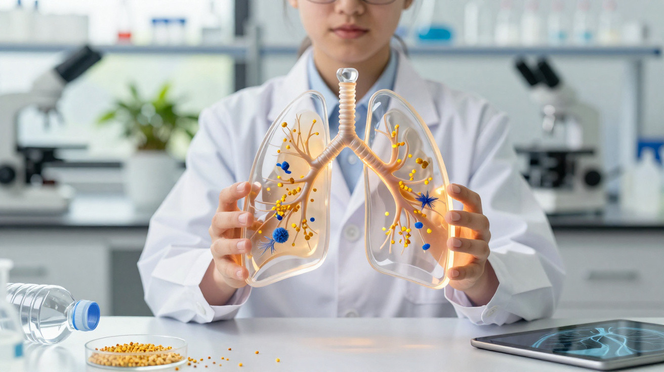 Cientista de bata branca segura modelo transparente dos pulmões com partículas coloridas em laboratório.