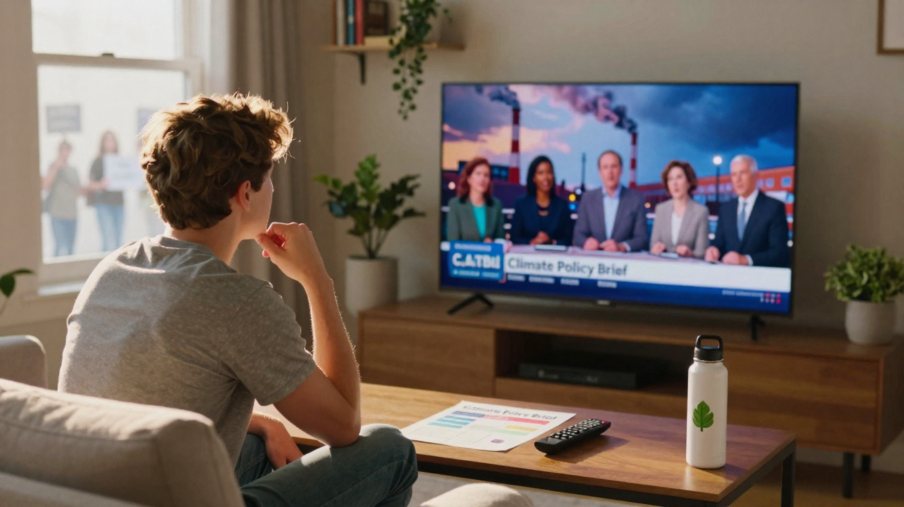 Jovem sentado no sofá a ver debate na televisão sobre políticas climáticas, com gráfico e garrafa na mesa.