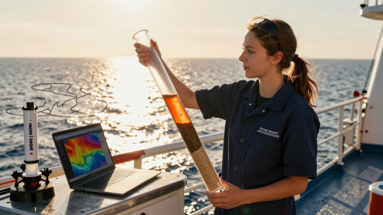 Mulher cientista segurando tubo com amostra sedimentar no convés de um barco ao pôr do sol.