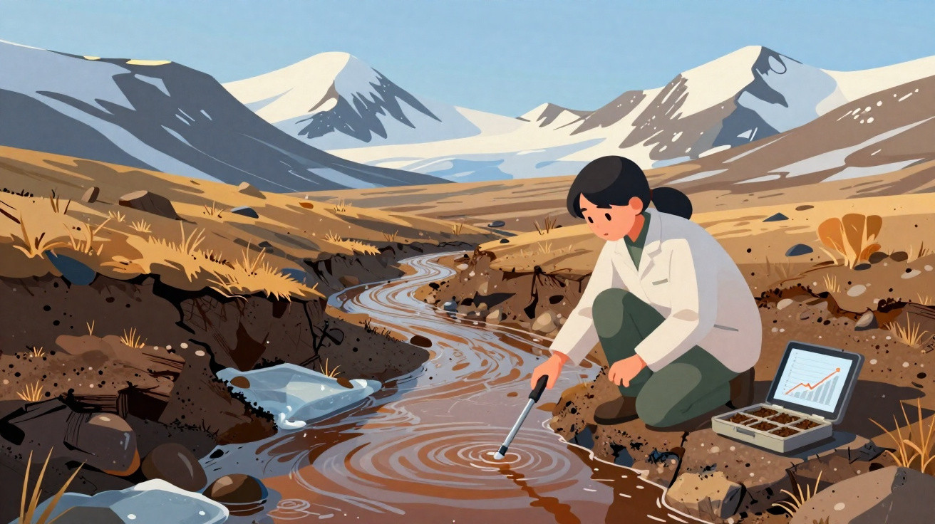 Mulher cientista recolhe amostras de água num rio com montanhas e neve ao fundo.