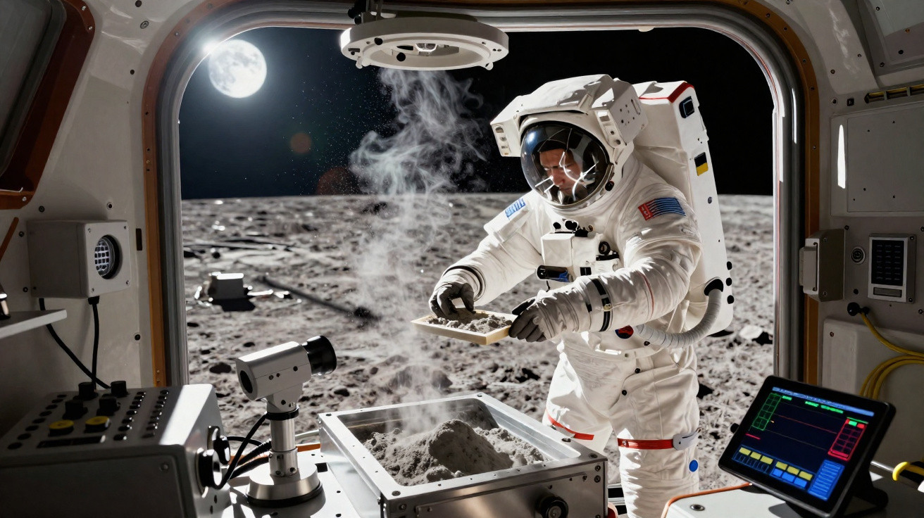 Astronauta a recolher amostras de solo lunar numa missão na superfície da Lua, com a Terra ao fundo.