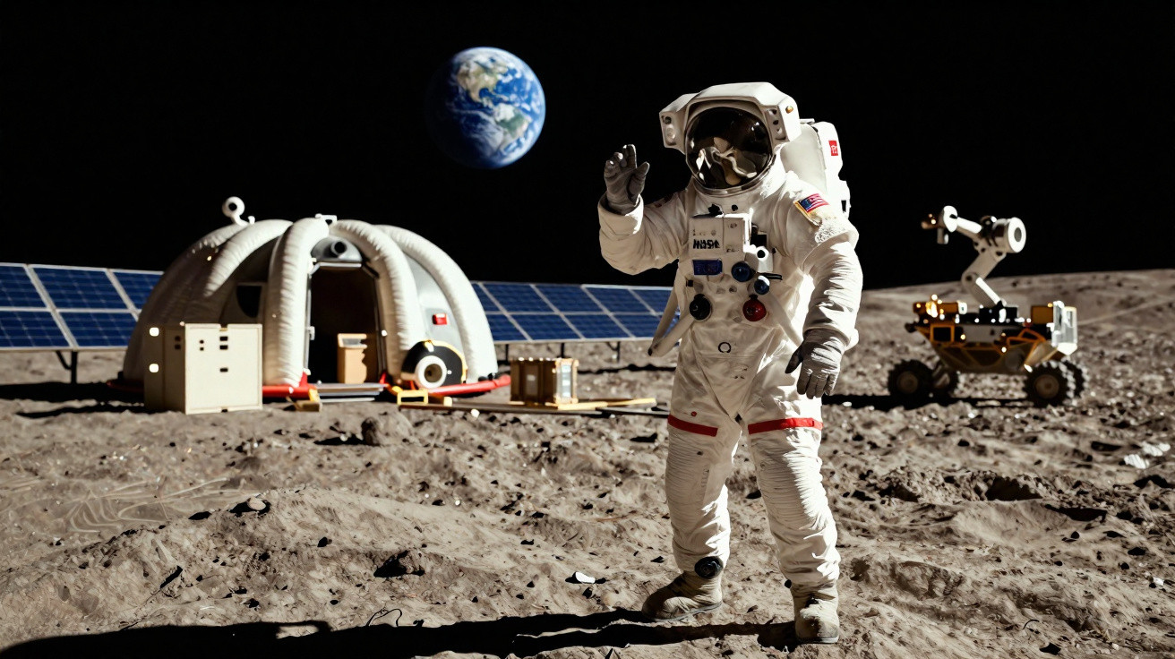 Astronauta na superfície lunar com módulo habitacional, robô explorador e Terra ao fundo.