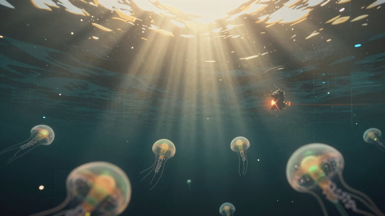 Medusas translúcidas a flutuar no oceano iluminadas por raios de sol que atravessam a superfície da água.