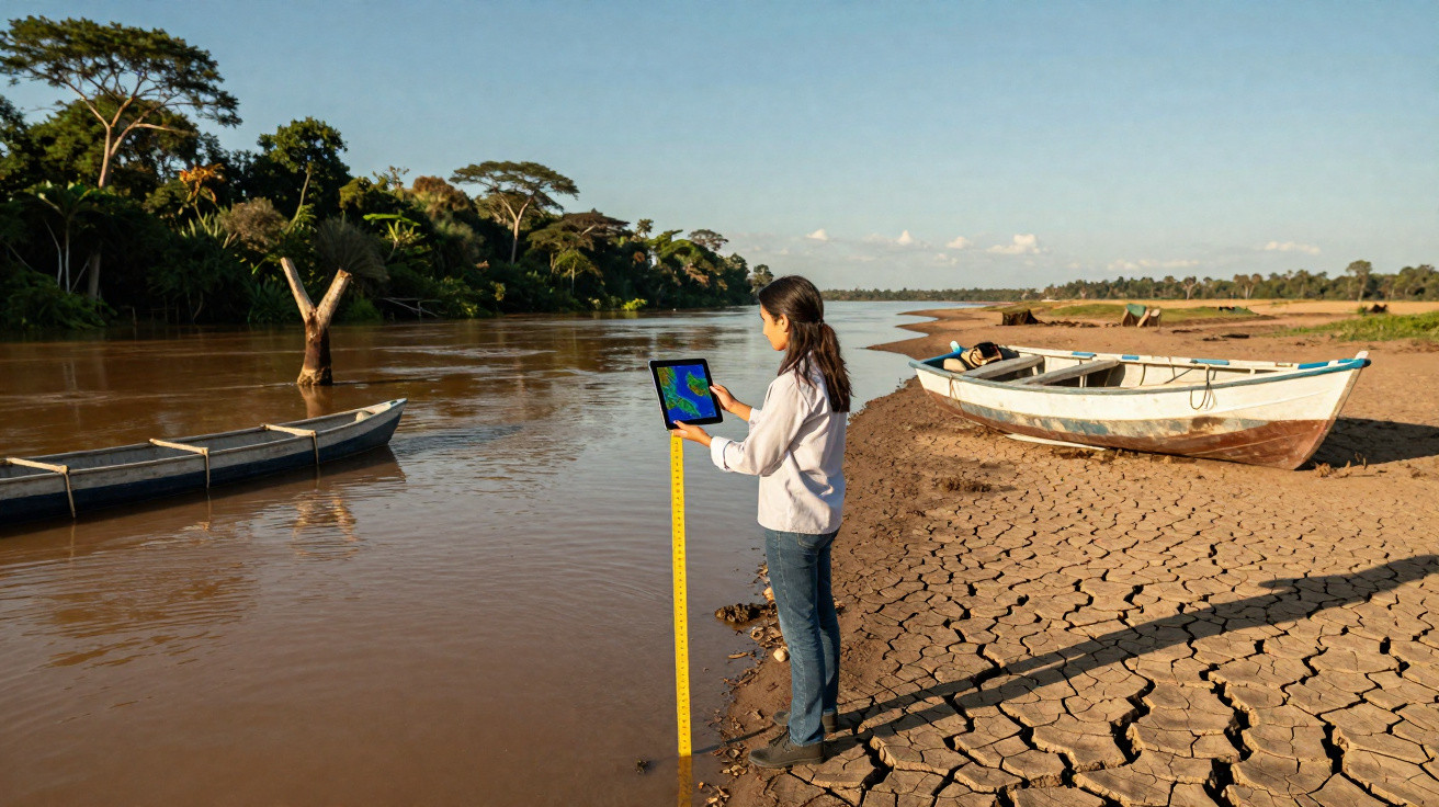 Mulher com equipamento de medição junto a rio com margem seca e barcos ao fundo.