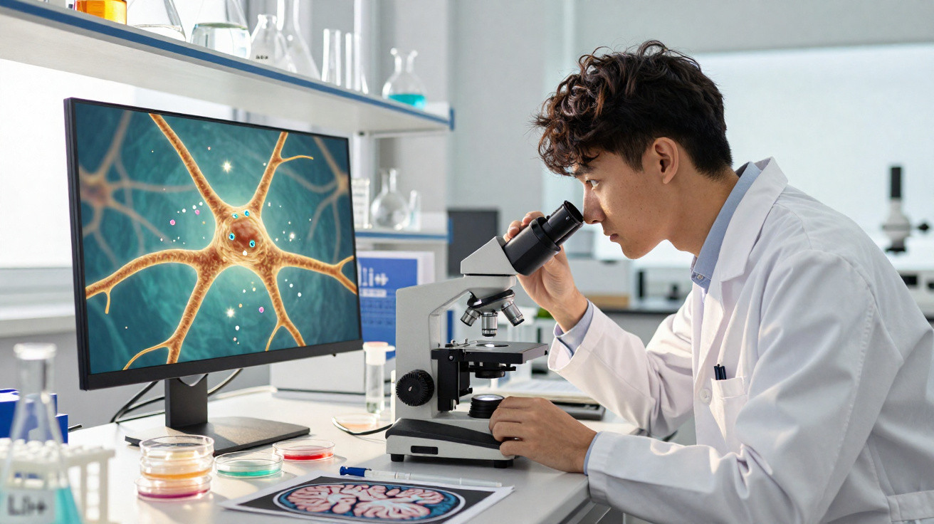 Cientista a observar neurónios ao microscópio num laboratório moderno com imagem digital no computador.