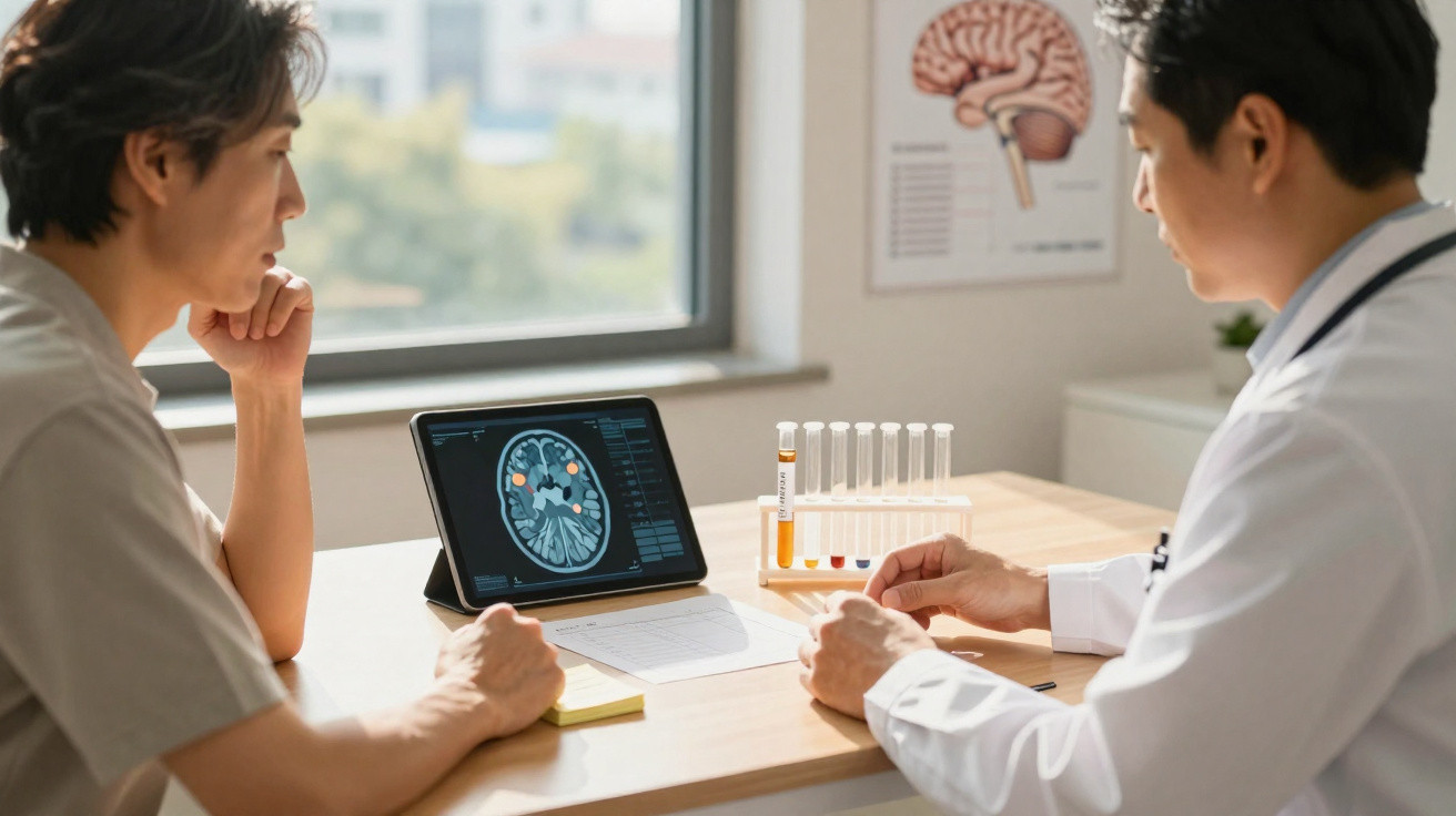Dois profissionais de saúde analisam escaneamento cerebral num tablet com tubos de ensaio e cartaz do cérebro ao fundo.