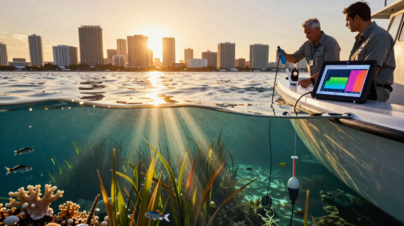 Dois homens num barco a analisar dados ambientais da água com equipamento tecnológico e cidade ao fundo ao pôr do sol.