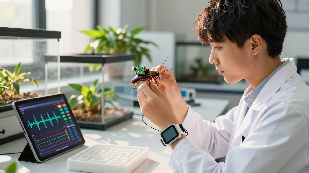 Jovem cientista em laboratório a examinar robô inseto, com tablet e plantas ao fundo.