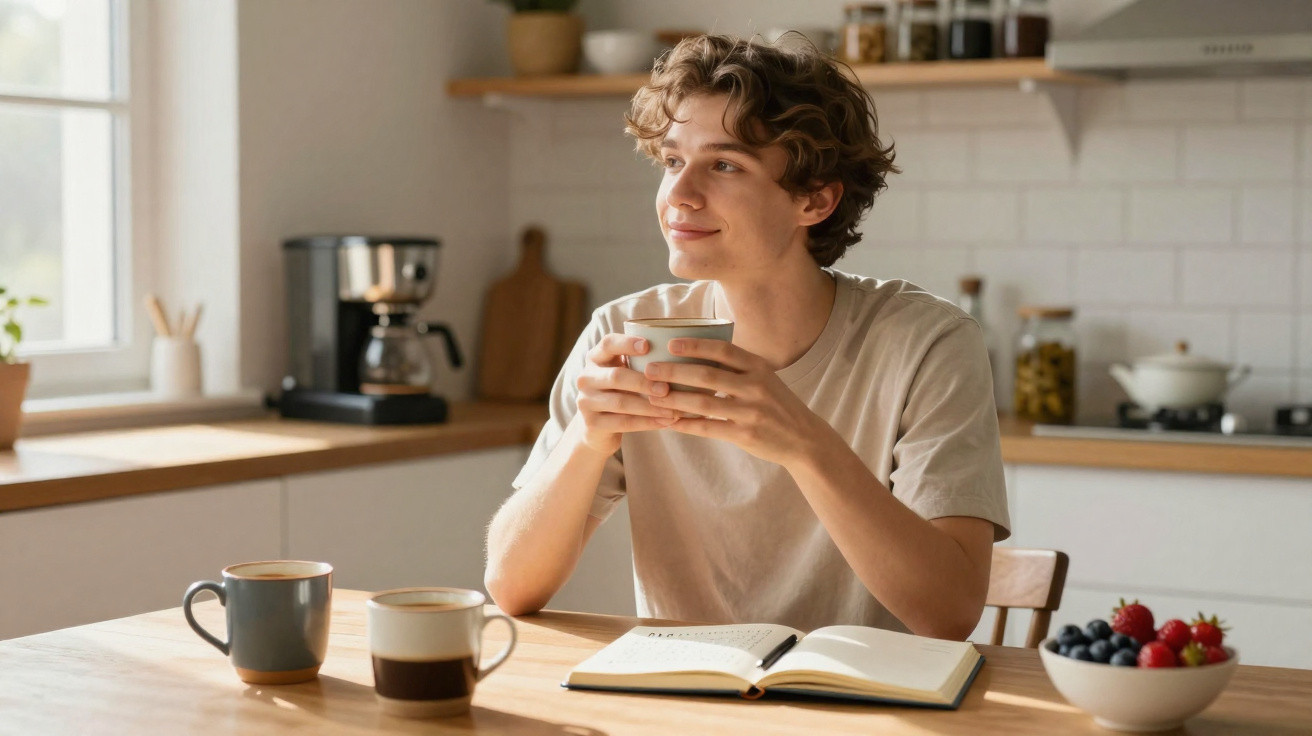 Jovem sentado à mesa da cozinha, segurando uma chávena, com um caderno aberto e taça de frutos vermelhos.