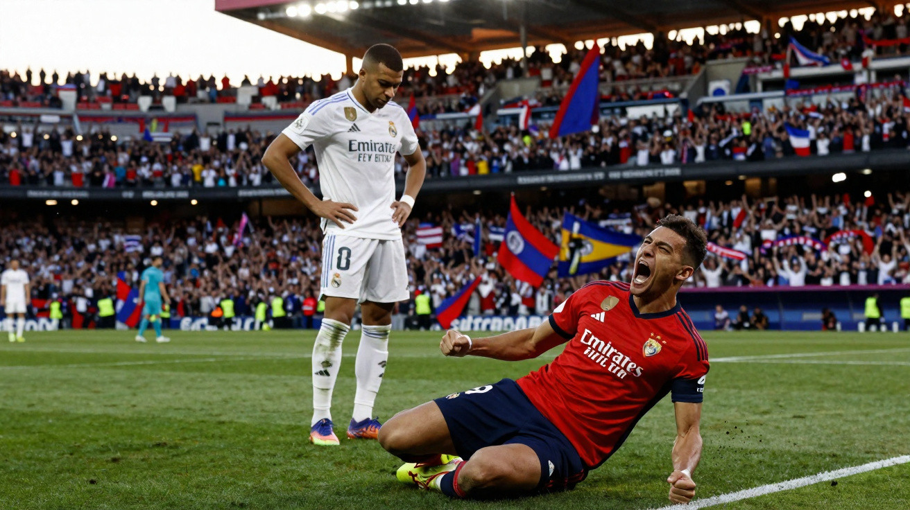Jogador do Lille a festejar golo com estádio cheio e jogador do Real Madrid desanimado ao fundo.