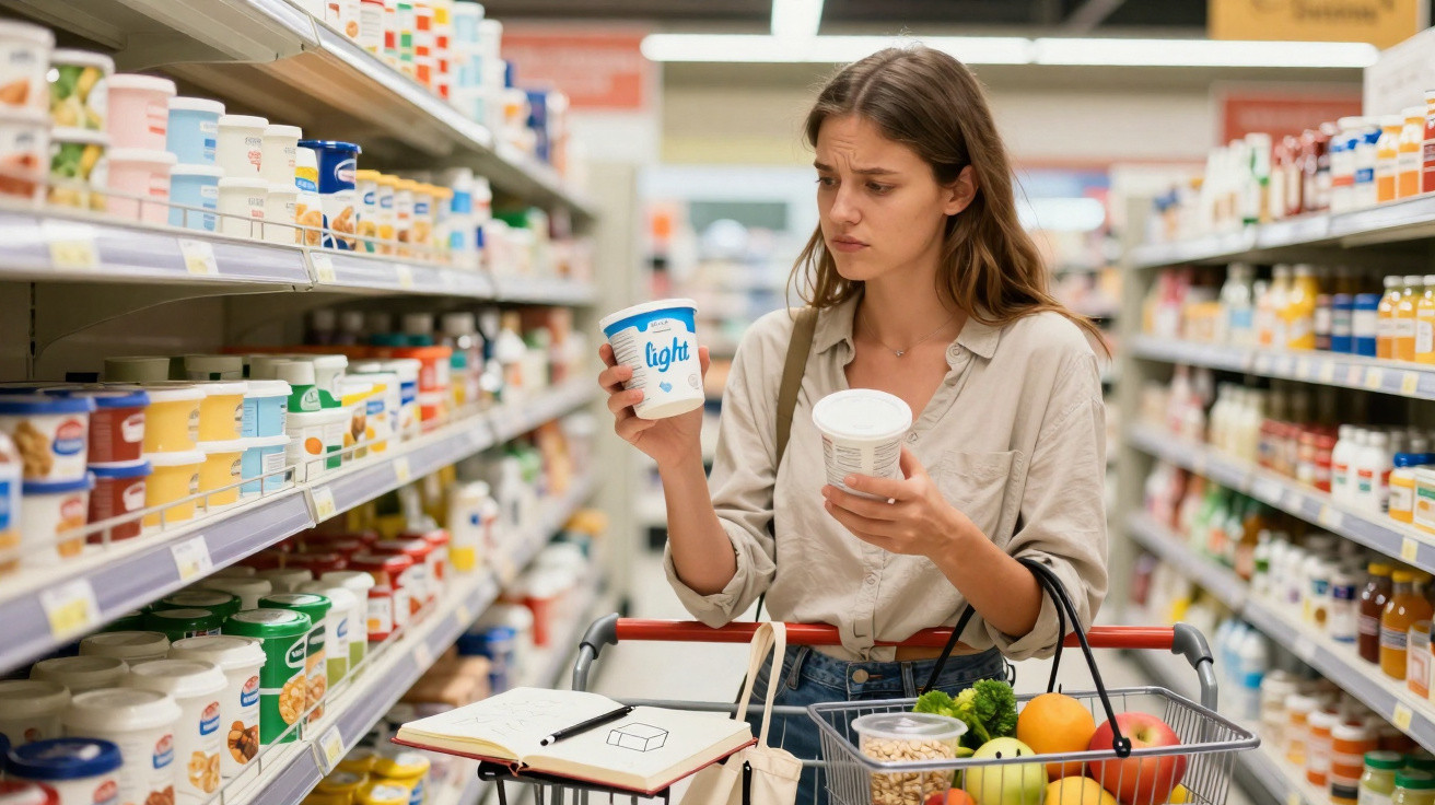 Mulher em supermercado a comparar ingredientes de produtos alimentares com carrinho cheio de frutas e caderno aberto.
