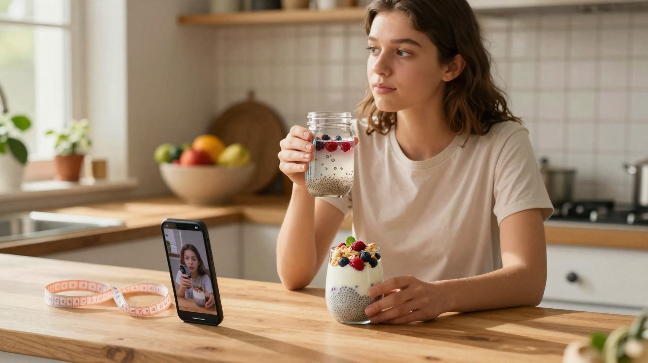 Mulher jovem sentada na cozinha com copo de bebida, iogurte com frutos e telemóvel a gravar vídeo.