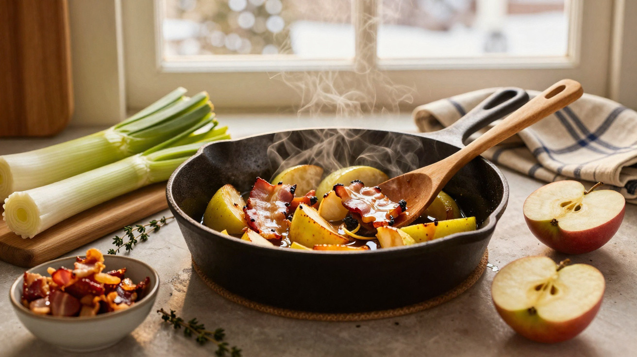 Frigideira com maçãs, bacon e alho-francês a cozinhar, com fumo, sobre tábua de madeira numa cozinha.