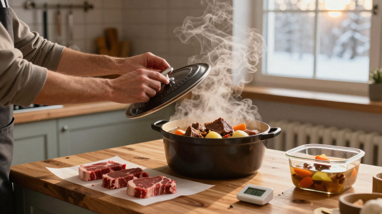 Pessoa a levantar tampa de panela a cozinhar guisado com legumes e carne crua em bancada de cozinha.