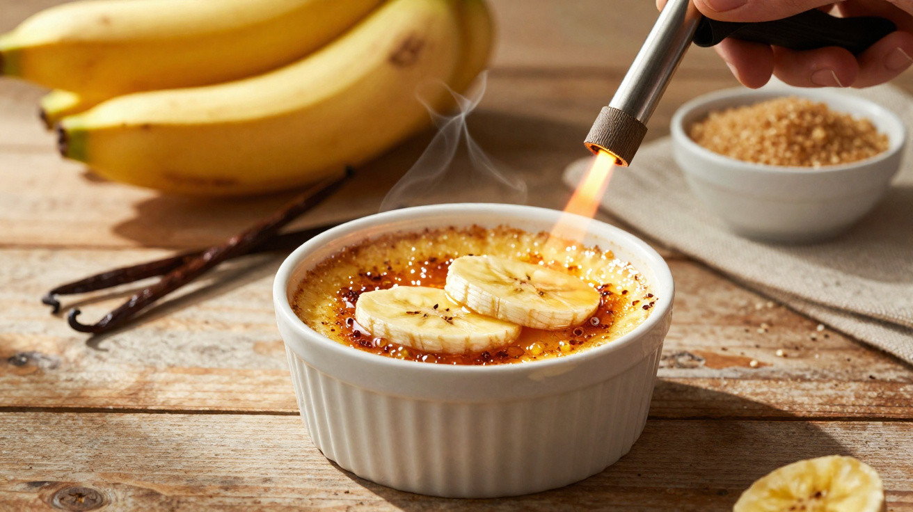 Crème brûlée com fatias de banana a ser caramelizado com maçaricos pelas mãos de duas pessoas.