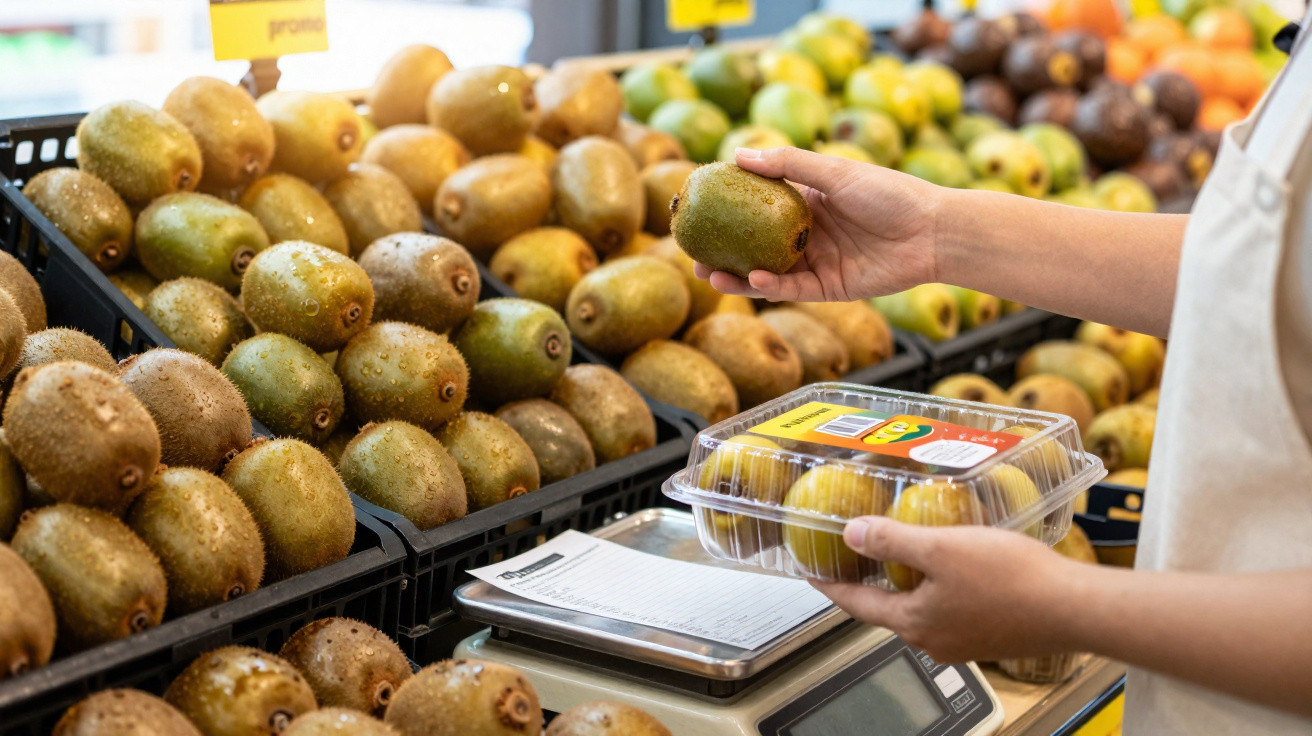 Pessoa segurando um kiwi numa mão e embalagem de kiwis na outra, fazendo compras num supermercado.