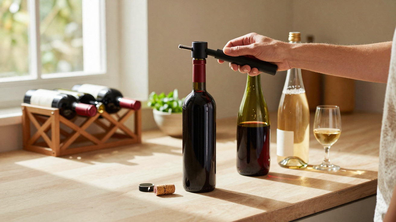 Pessoa a abrir garrafa de vinho tinto com saca-rolhas de alavanca numa cozinha moderna.