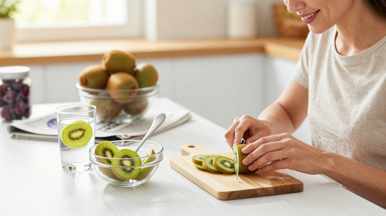 Pessoa a cortar kiwi numa tábua de madeira com taça, copo com água e kiwis ao fundo numa cozinha luminosa.