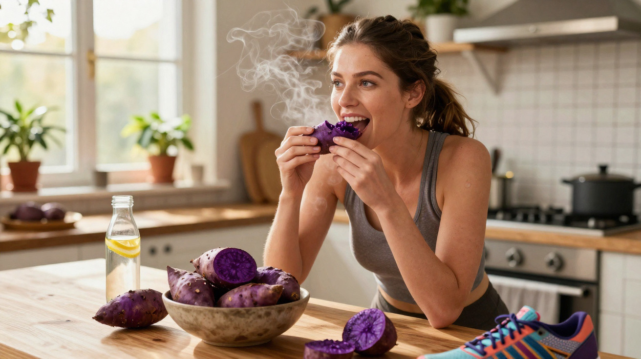 Mulher a comer batata-doce roxa quente na cozinha, com garrafa de água e ténis na mesa.