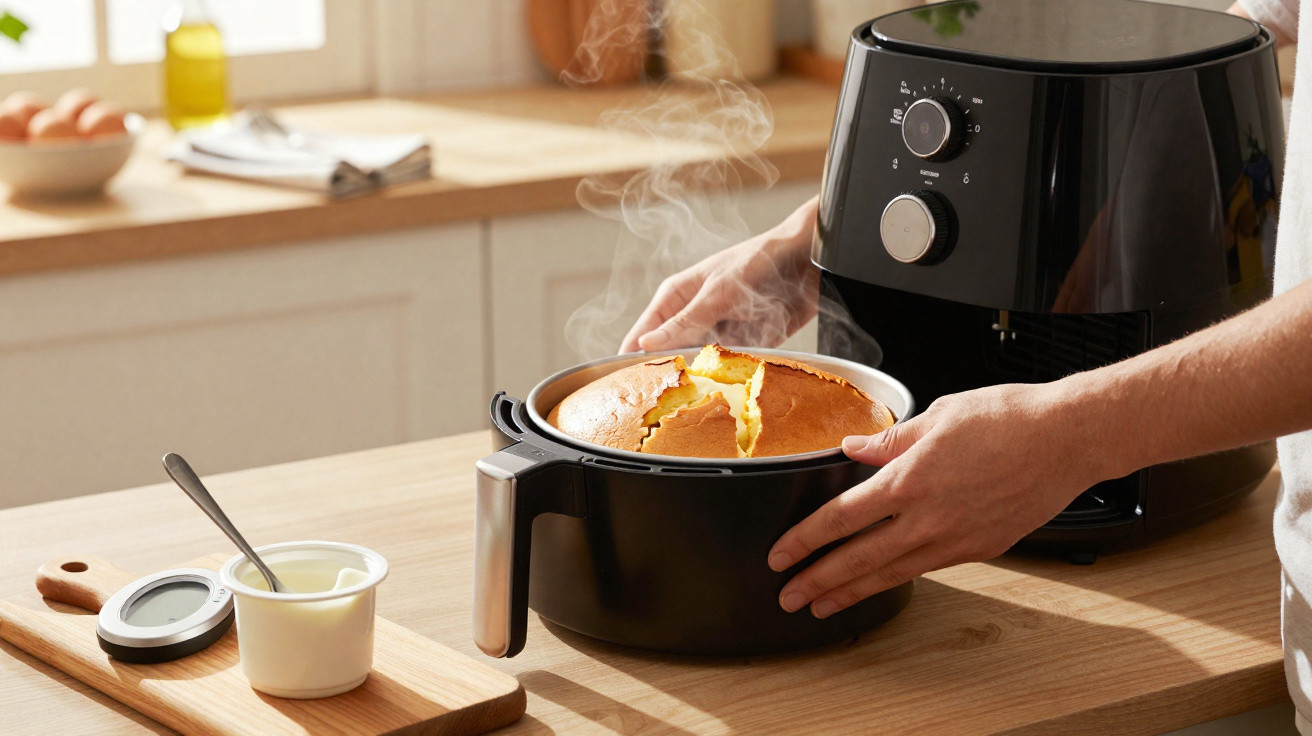 Mãos retiram bolo quente acabado de sair de uma fritadeira elétrica preta numa cozinha moderna.