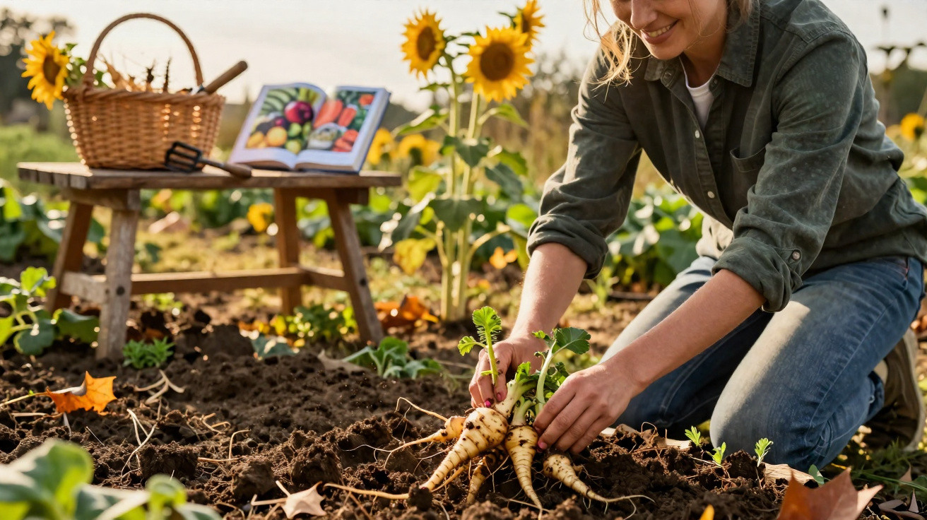 Mulher a colher raízes frescas num campo ao ar livre, com girassóis e utensílios de jardinagem ao fundo.