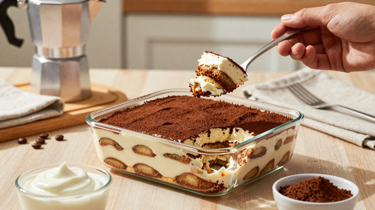 Tiramisu numa travessa de vidro, com uma colher a servir uma porção, sobre uma mesa de madeira.