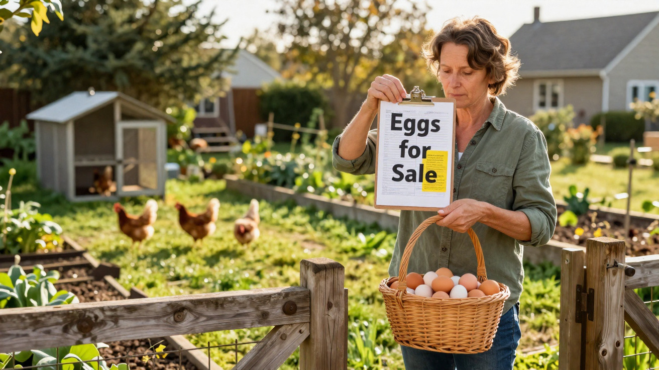Mulher no jardim com cesto de ovos junto a placa que diz "Eggs for Sale" e galinhas ao fundo.