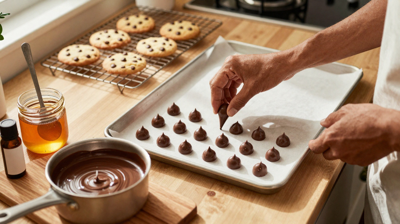 Mãos a colocar pepitas de chocolate numa tabuleiro forrado com papel vegetal, biscoitos e chocolate derretido ao lado.
