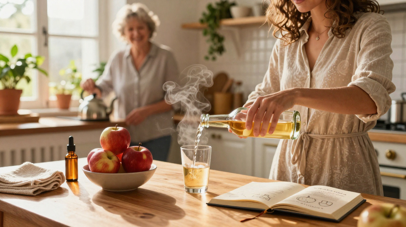 Mulher a verter chá quente num copo com maçãs numa mesa, outra mulher ao fundo na cozinha.