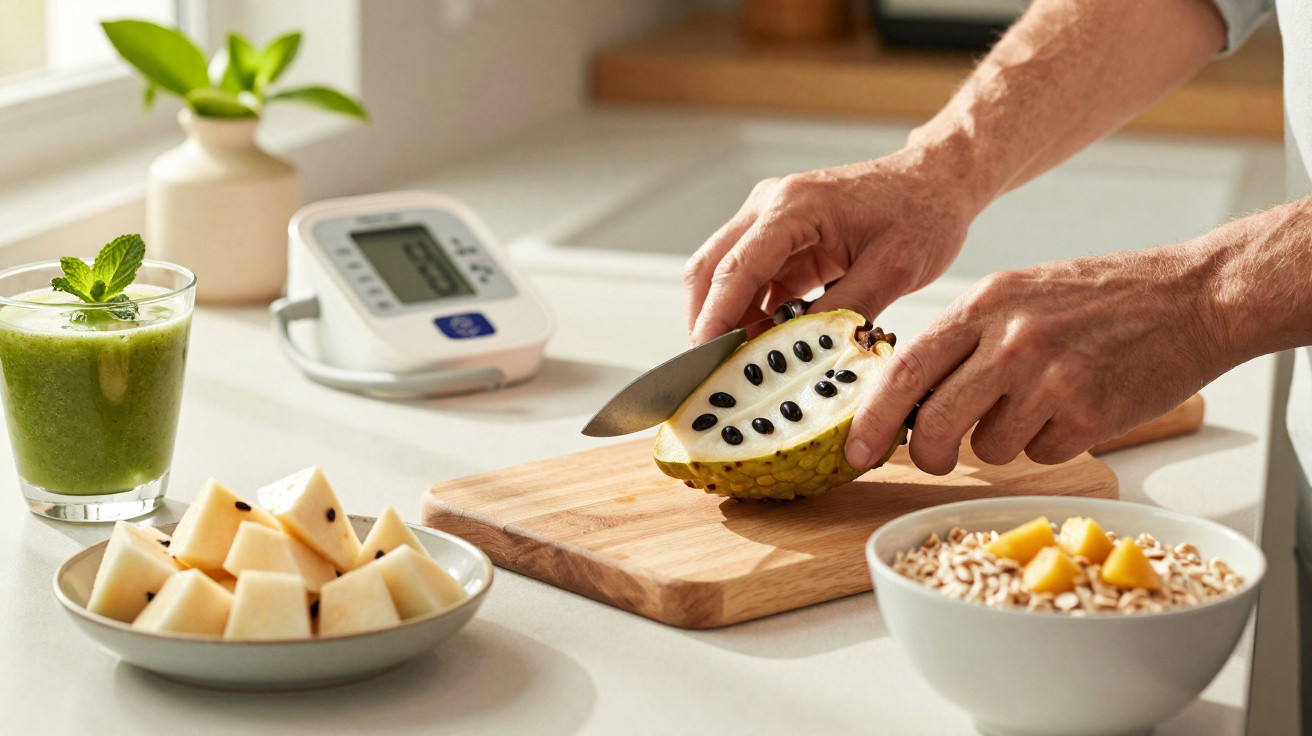 Pessoa a cortar uma fruta exótica com sementes sobre uma tábua, rodeada de sumo verde, frutas e aveia.
