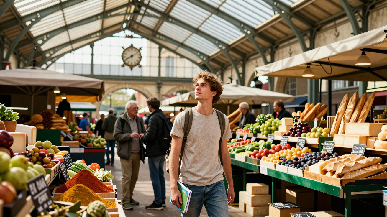 Mercado coberto com várias bancas de frutas e legumes, pessoas a circular e homem jovem a olhar.
